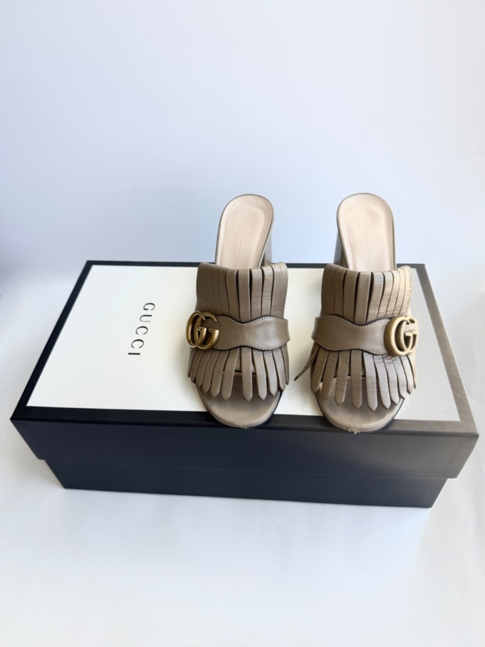 Gucci GG Marmont Fringe Mule Block Heel Beige Leather Size 6 - Picture 2 of 8